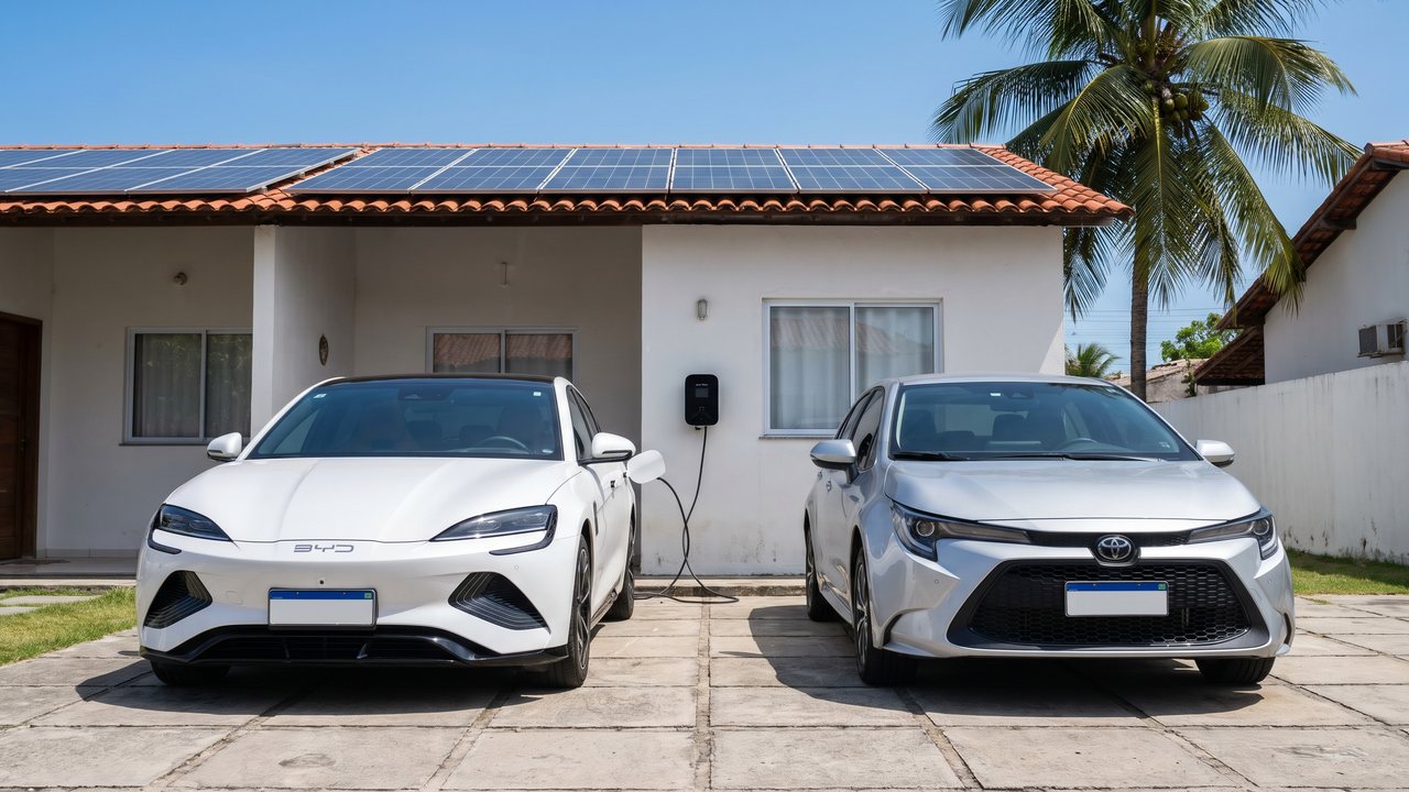 Um BYD Seal ligado ao carregador de parede e um Toyota Corolla estacionados lado a lado em frente a uma casa com módulos solares no telhado.
